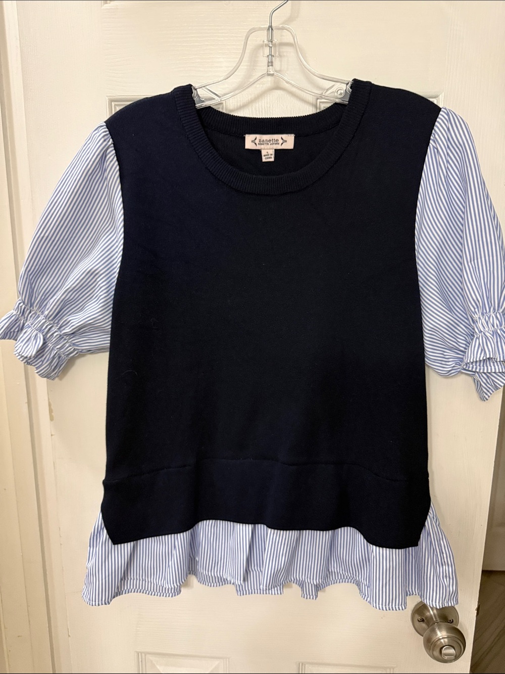 Navy Knit Top with Blue & White Striped Puff Sleeves
